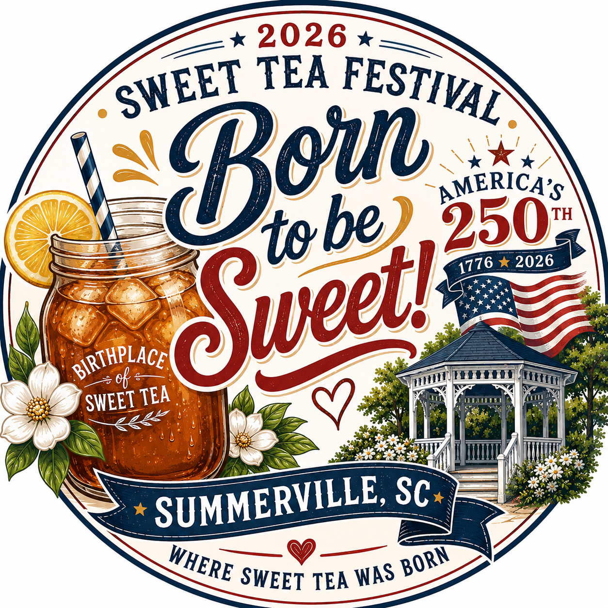 2026 Sweet Tea Festival badge: “Born to be Sweet!” — Summerville, SC, where sweet tea was born