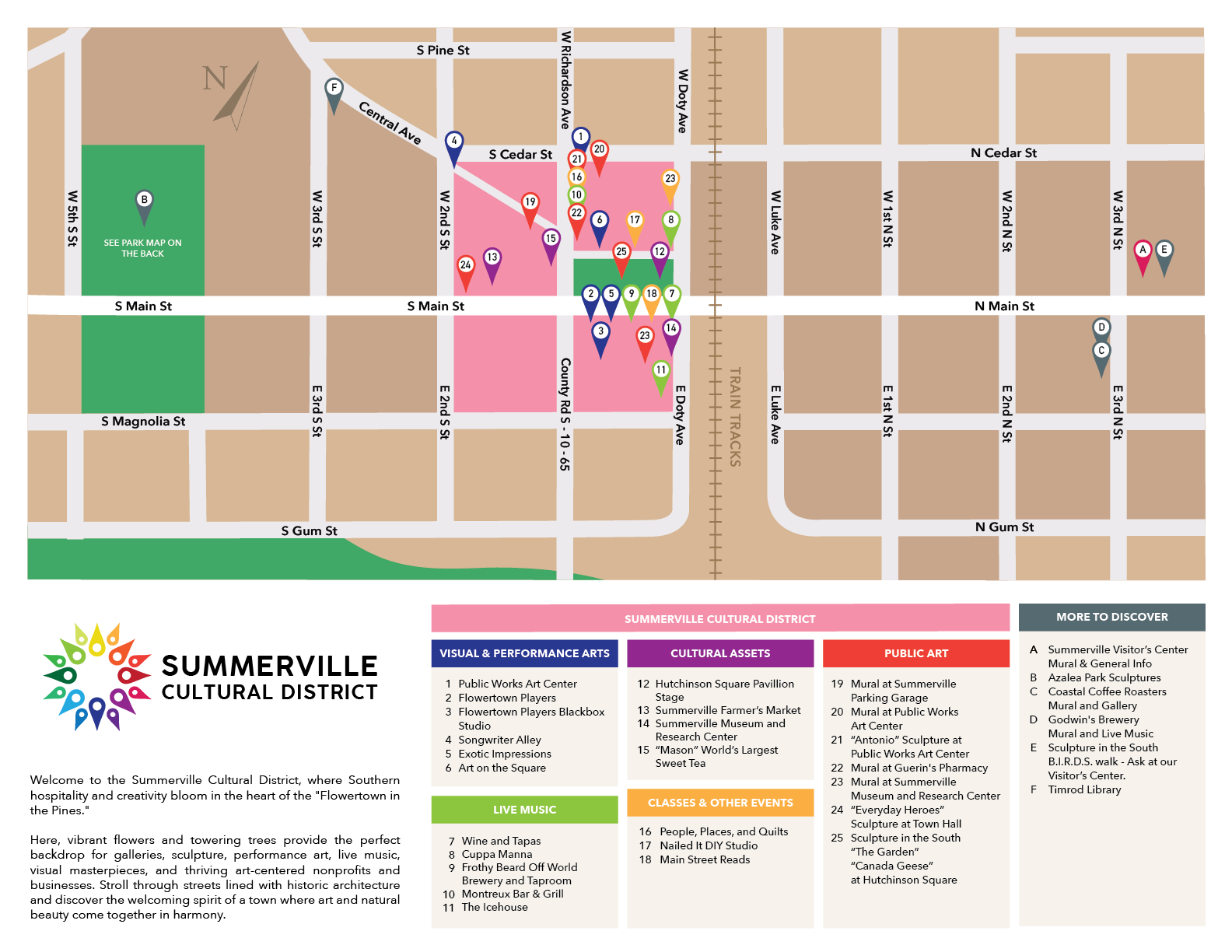 Summerville Cultural District map with numbered markers for visual and performance arts, cultural assets, public art, live music, classes and events