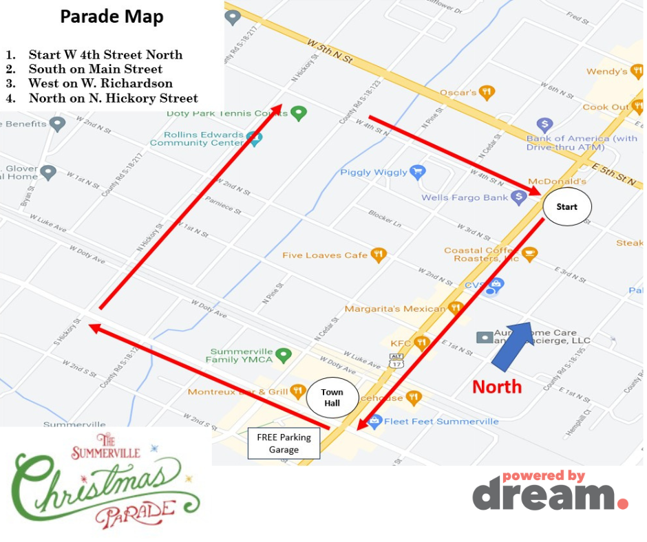 Parade route map: start at W 4th Street North, south on Main Street, west on W. Richardson, then north on N. Hickory Street