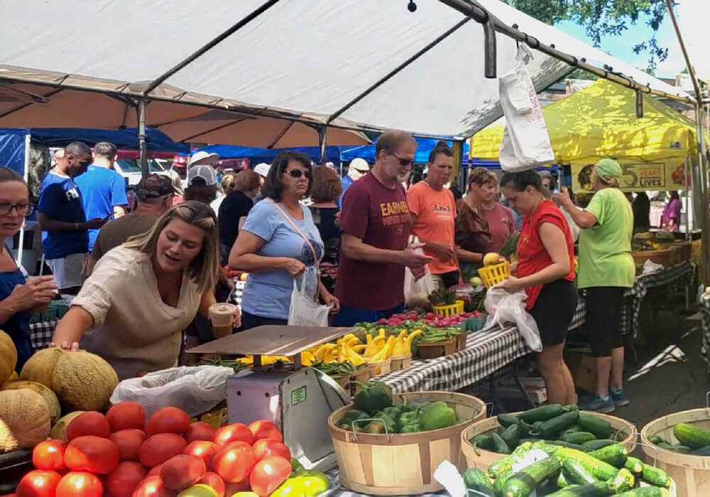 Shoppers browse baskets of tomatoes, squash and cucumbers at a produce stall